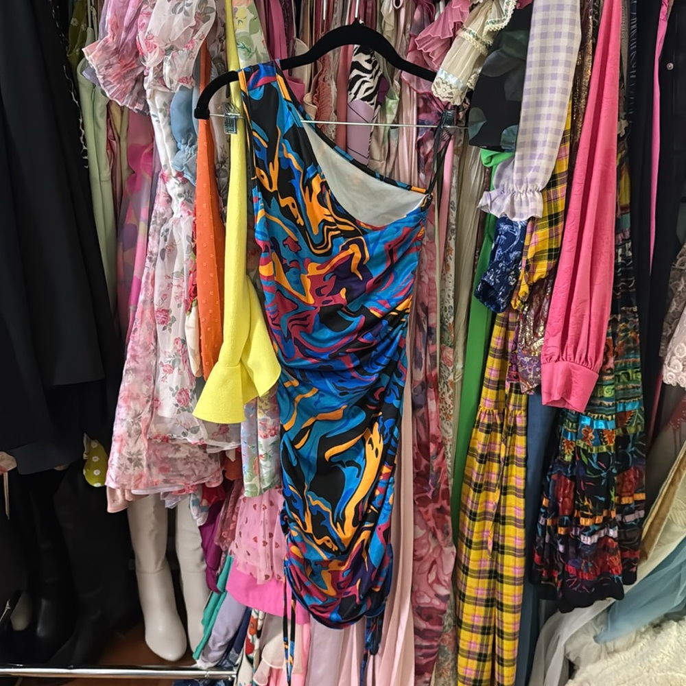 Blue tropical Printed one shoulder dress